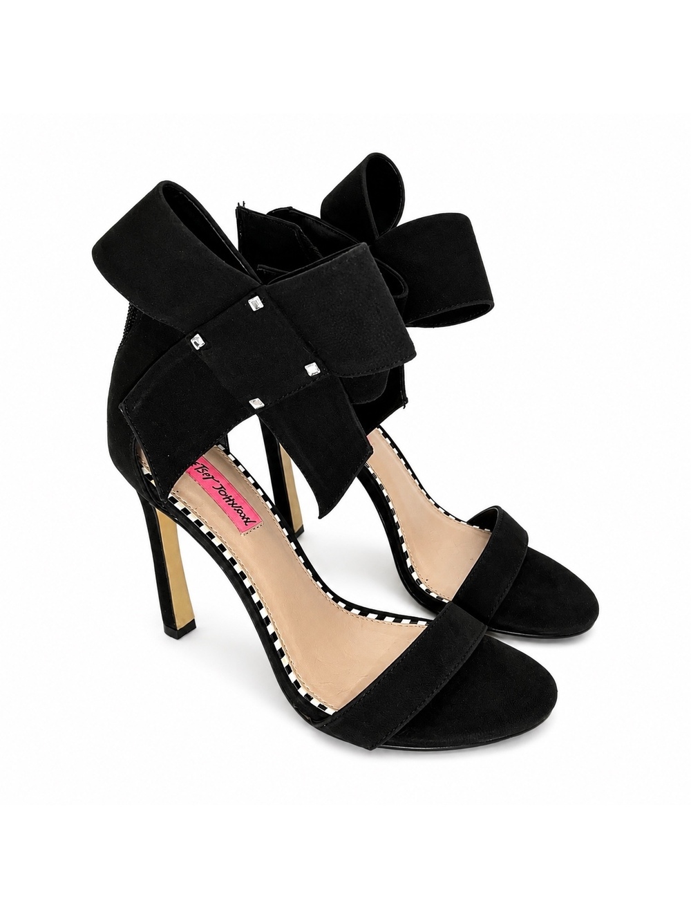 Betsey Johnson Frisky Black Bow Stiletto Heels Size 8 Ankle Wrap Sandals